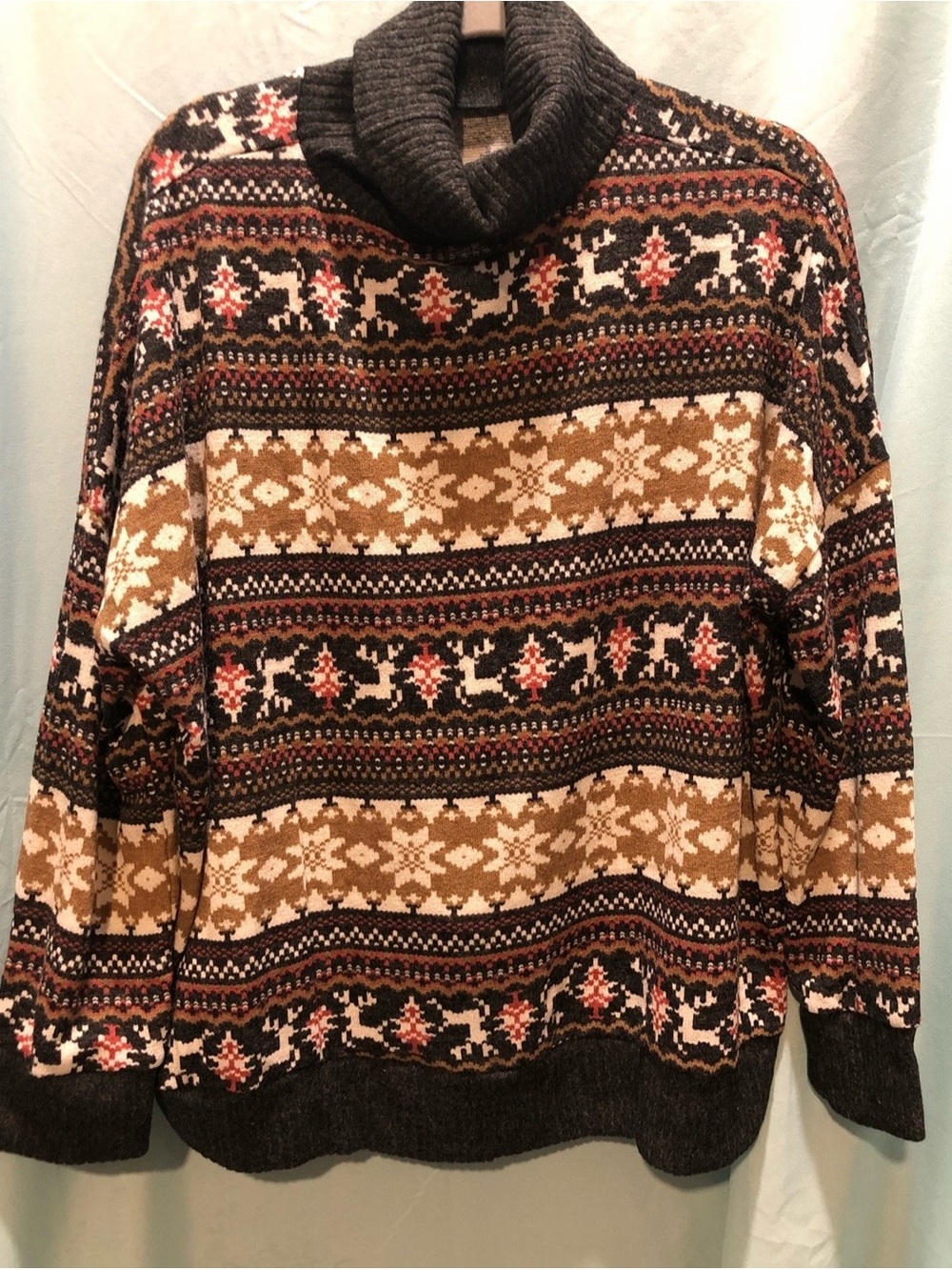 Cozy Cowl Neck Fair Isle Sweater in Brown and Cream